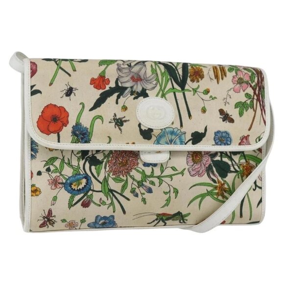 GUCCI Flora Shoulder Bag Canvas Beige Gold Auth